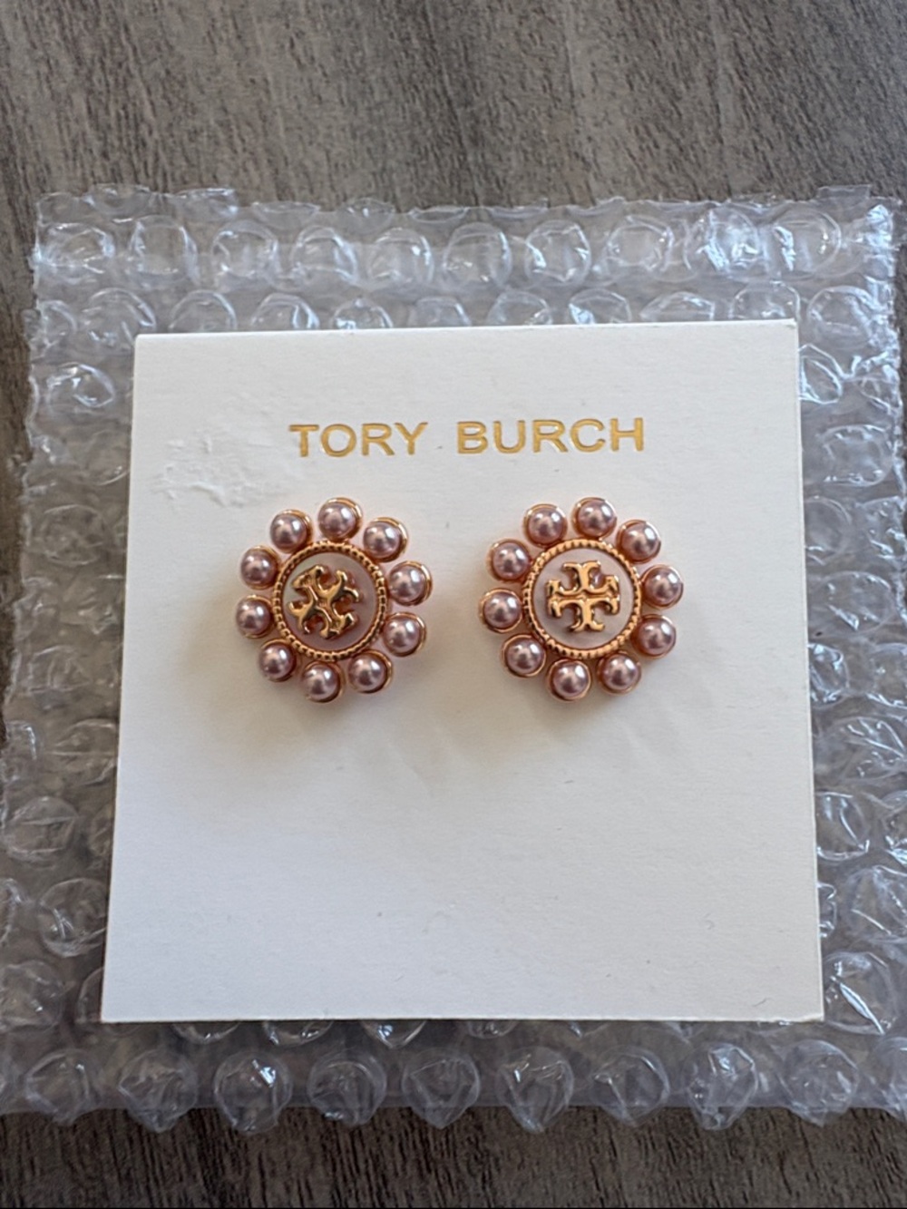 Tory Burch Rose Gold Pearl Cluster Logo Studs